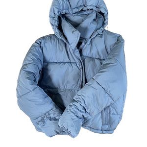 Blue puffer with detachable hood